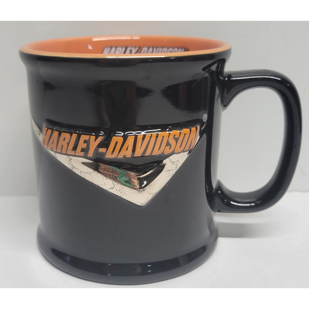 Harley-Davidson Coffee Mug Black Orange Raised V-Wing Logo Ceramic Biker Cup‎